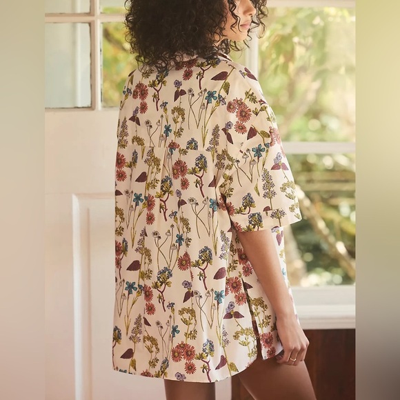 Anthropologie Floral Cotton Pajama Top Cream Short Sleeve Size XL Cozy Sleepwear - Picture 7 of 10